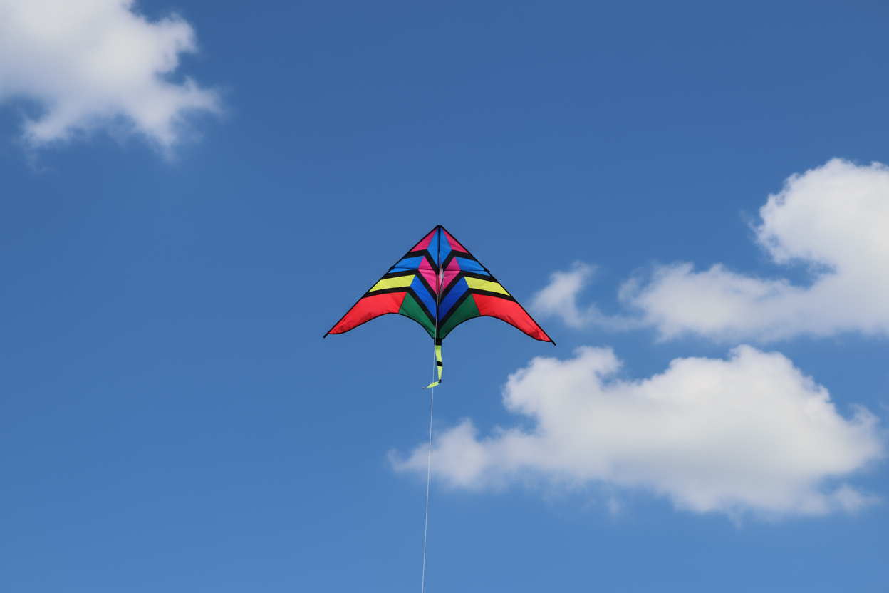 Wikz Delta Skyrush Stuntdrage i rød og blå design, flyvende mod klar blå himmel