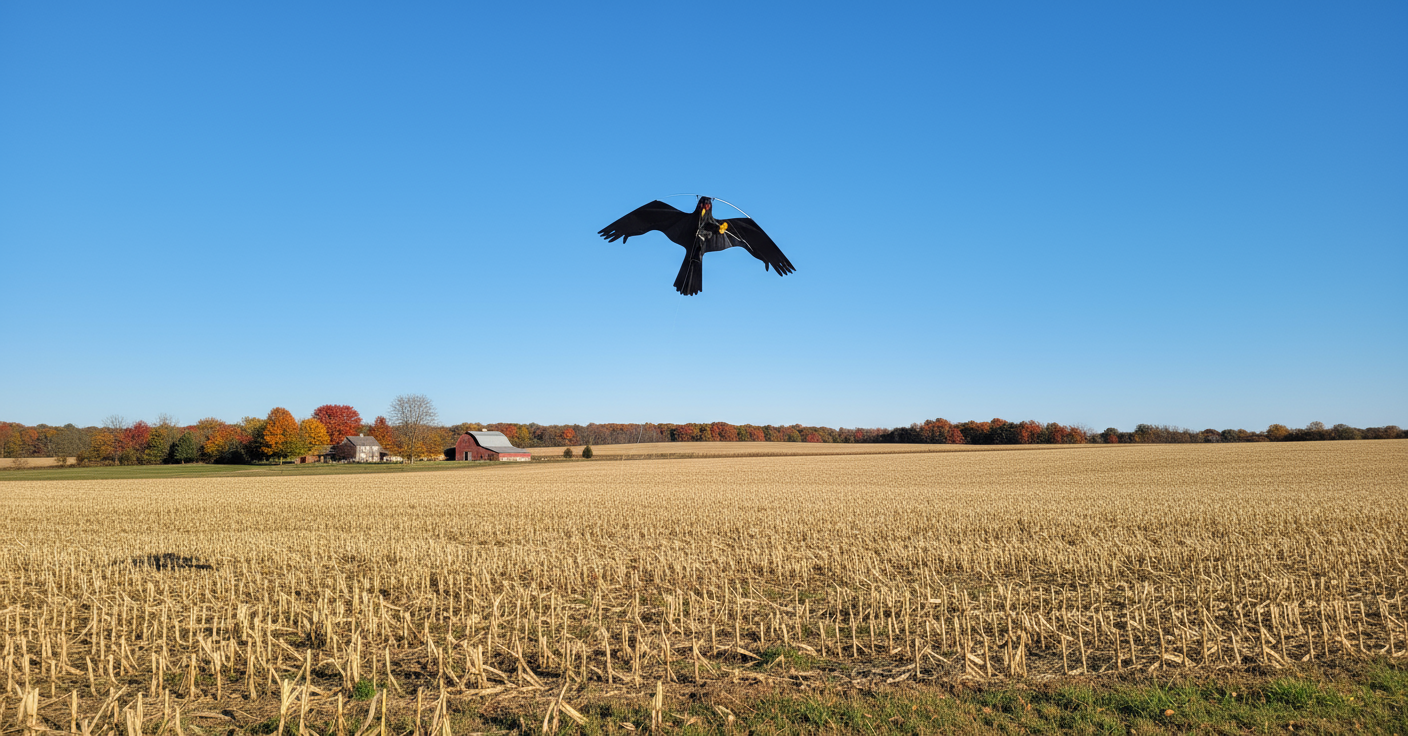 Wikz Mågeskræmmer med glasfiberstang og line i sort, opsat over dansk mark