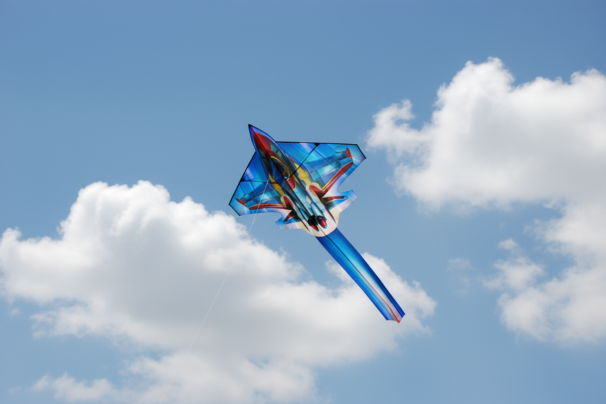 Wikz Raket Drage i blå og rød, flyvende mod himmel med skyer