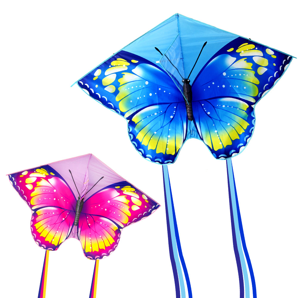 Wikz Sommerfugl drage i lyserød og blå, vist på hvid baggrund