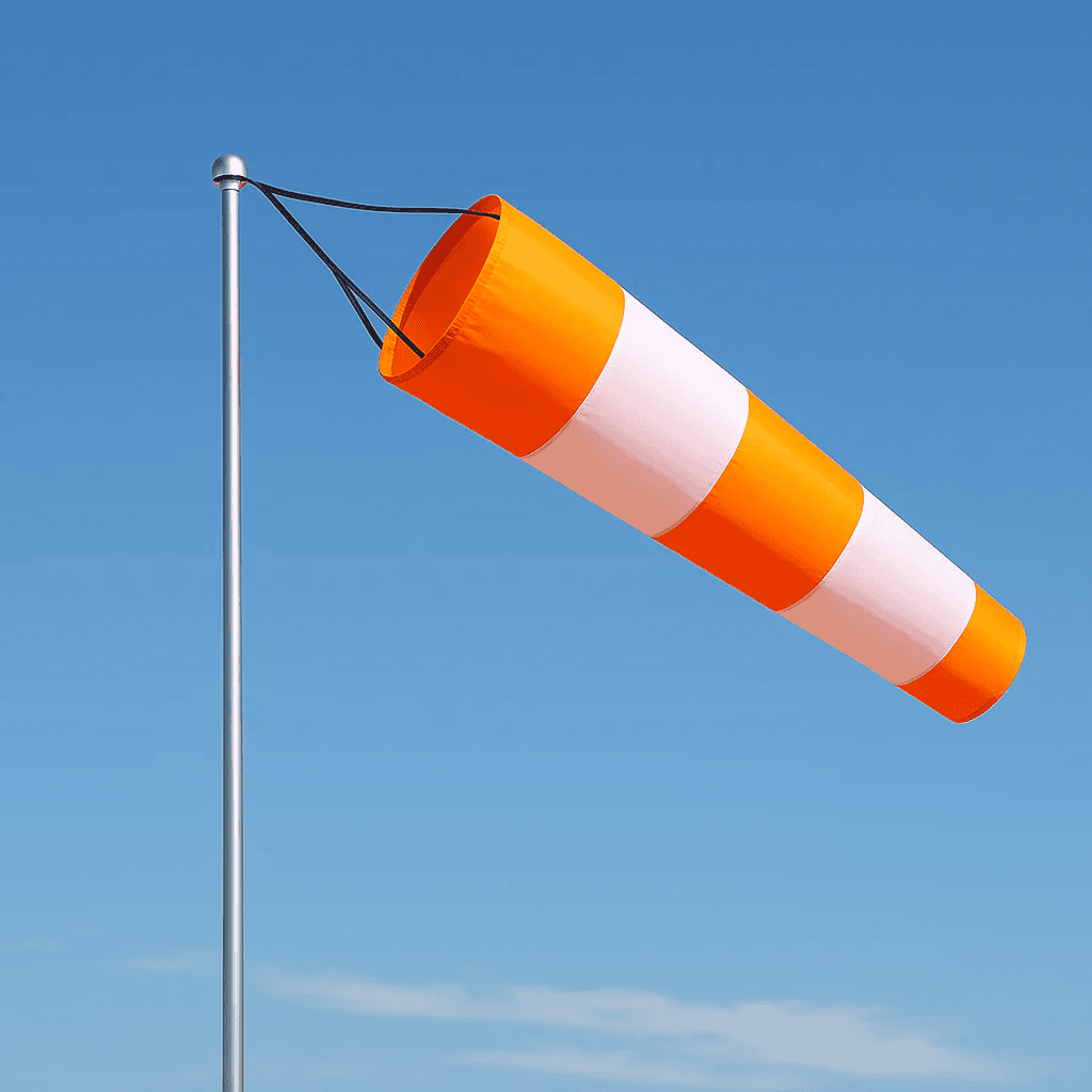 Wikz Windora vindpose i orange og hvid, opsat mod blå himmel