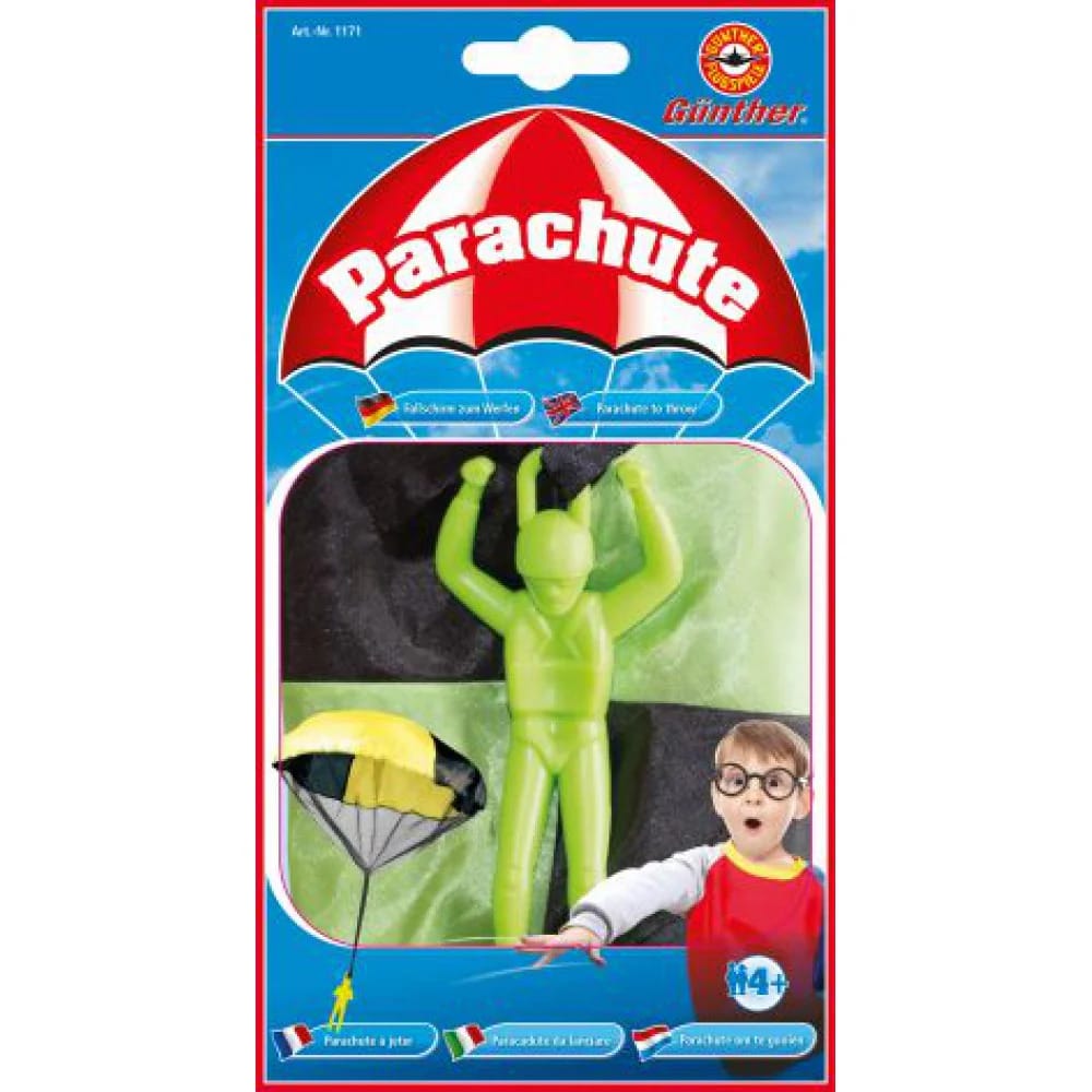 Günther Parachute - Æske med en grøn figur og en grøn og sort faldskærm