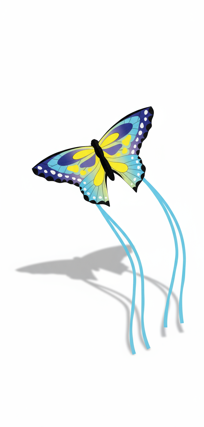 Wikz Beau Sommerfugl Drage i blå og gul, vist på hvid baggrund