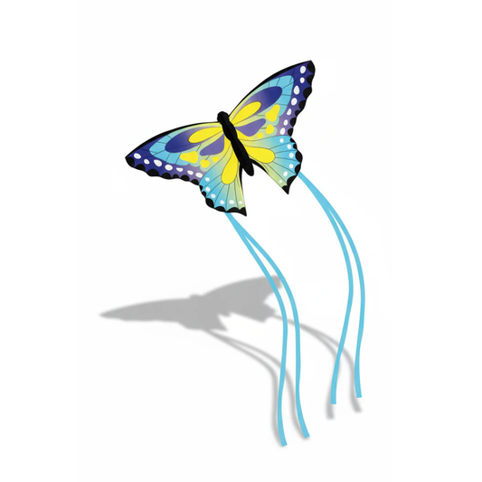 Wikz Beau Sommerfugl Drage i blå og gul, vist på hvid baggrund
