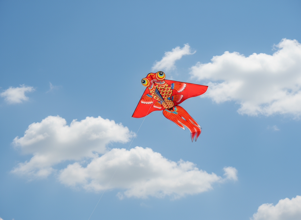 Wikz Hualing Guldfisk drage i rød og orange, flyvende mod blå himmel med skyer