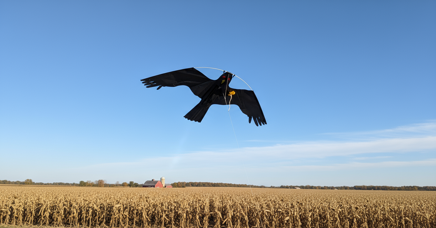Wikz Mågeskræmmer med glasfiberstang og line i sort, svævende over mark