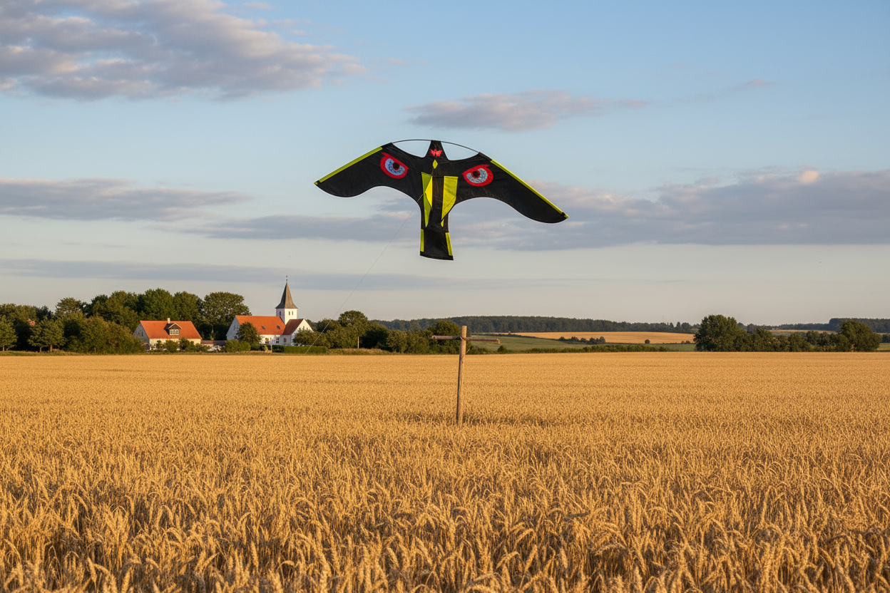 Wikz Mågeskræmmer Drage i sort og gul, flyvende over mark mod blå himmel