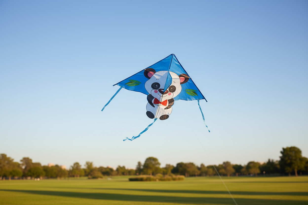 Wikz Panda Drage i sort og hvid, flyvende over mark mod blå himmel