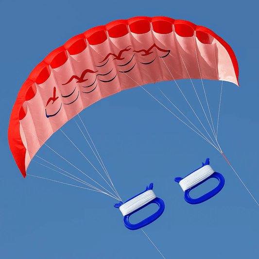 Wikz Parafoil drage i blå og rød, vist på blå baggrund