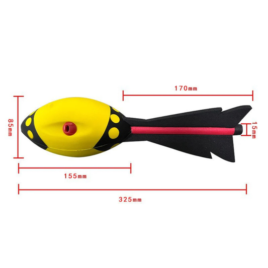 Wikz RocketRush luftraket i gul med mål og dimensioner vist