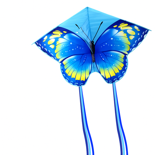 Wikz Sommerfugl drage i blå og turkis med lange haler, vist på hvid baggrund