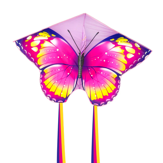 Wikz Sommerfugl drage i lyserød og gul, vist på hvid baggrund