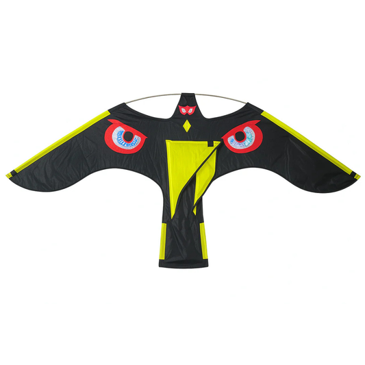 Wikz Ventus Mågeskræmmer drage i sort og gul, vist på hvid baggrund