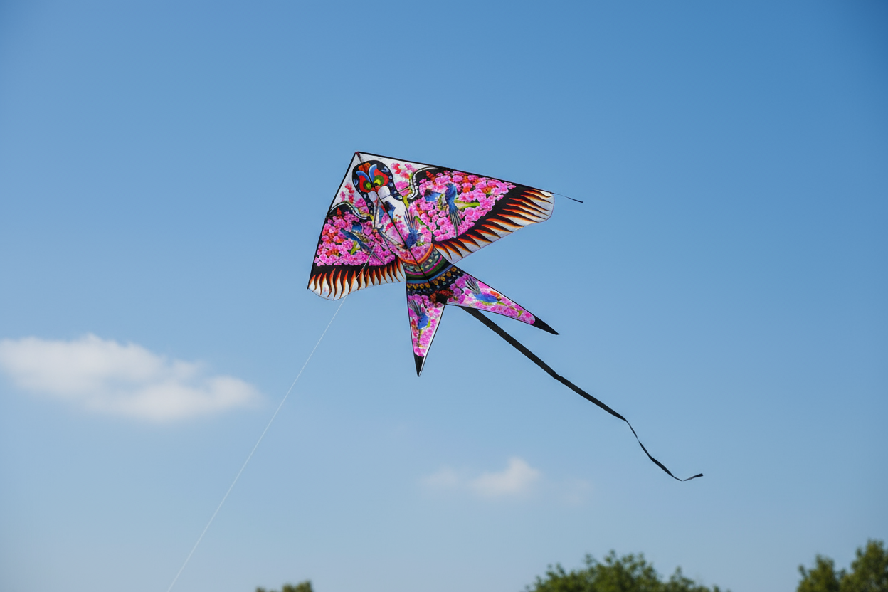 Wikz Weifang Drage i pink og blå design, flyvende mod klar blå himmel