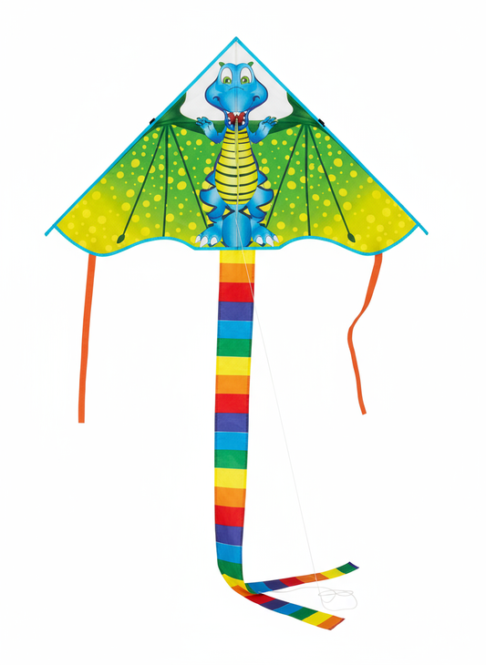 Wikz Zippy børnedrage i grøn og gul med lange haler, vist på hvid baggrund